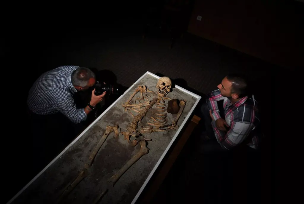 A skeleton with an iron piece before being exposed at the National History museum in Sofia 2